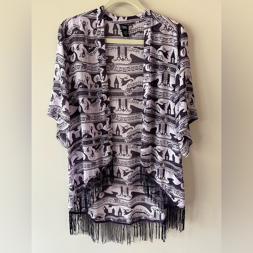 Disney Nightmare Before Christmas Purple Printed Chiffon Fringe Kimono Medium